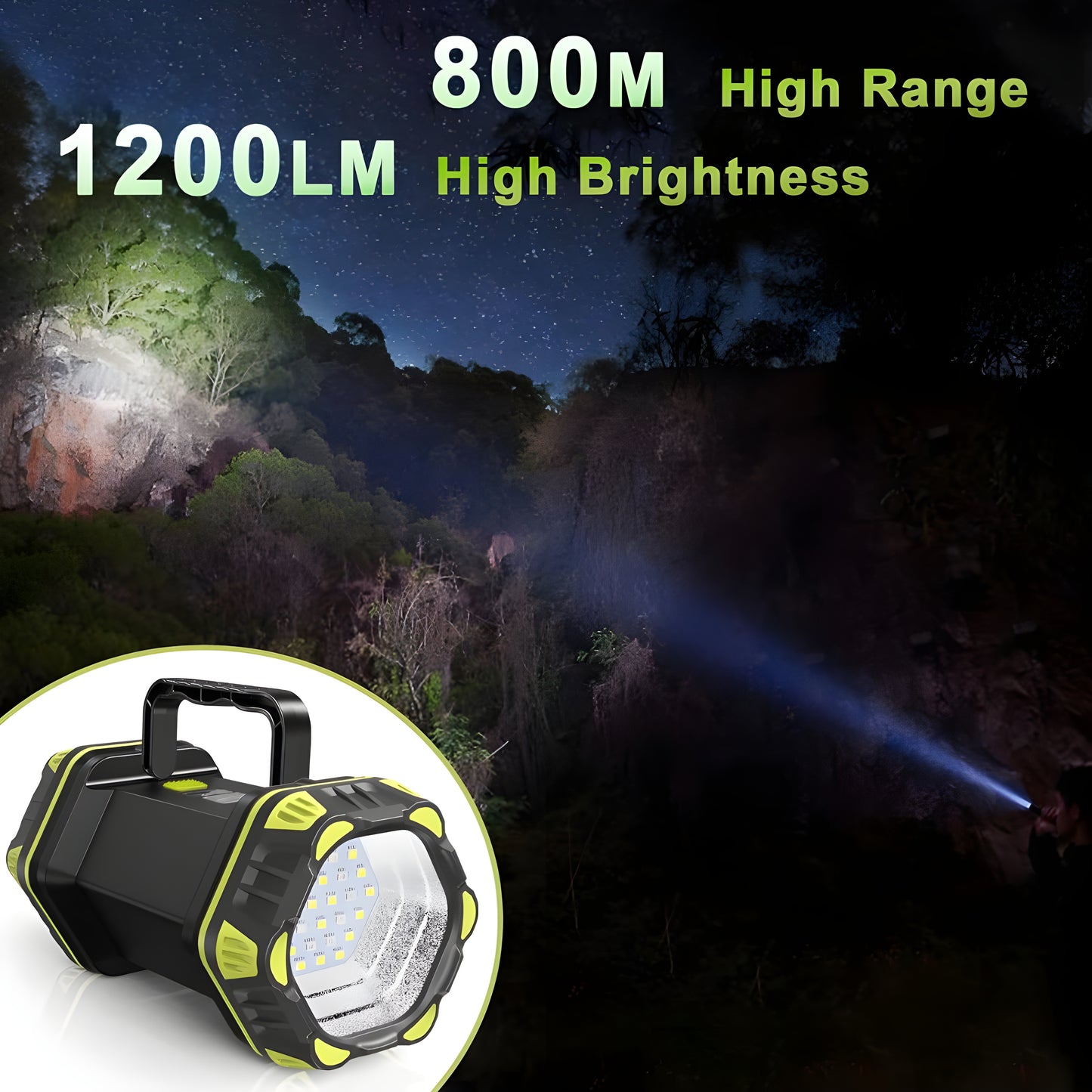 Ghime Torch Light High Power Long Distance Rechargeable Flashlight, 8 Modes Handheld Spotlight for Camping, Waterproof, Emergency Light for Outdoor, USB Cable Included with Tripod