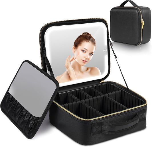 Ghime Makeup Bag with Led Mirror, Vanity Travel Cosmetic Bag with Removable Mirror and 3 Type Lights with Adjustable Brightness and Dividers, Makeup Brush Holder Storage