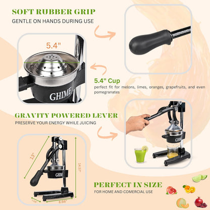 Ghime Hand Press Juicer Heavy Duty Stainless Steel Citrus Manual Juicer and Orange Squeezer - Black