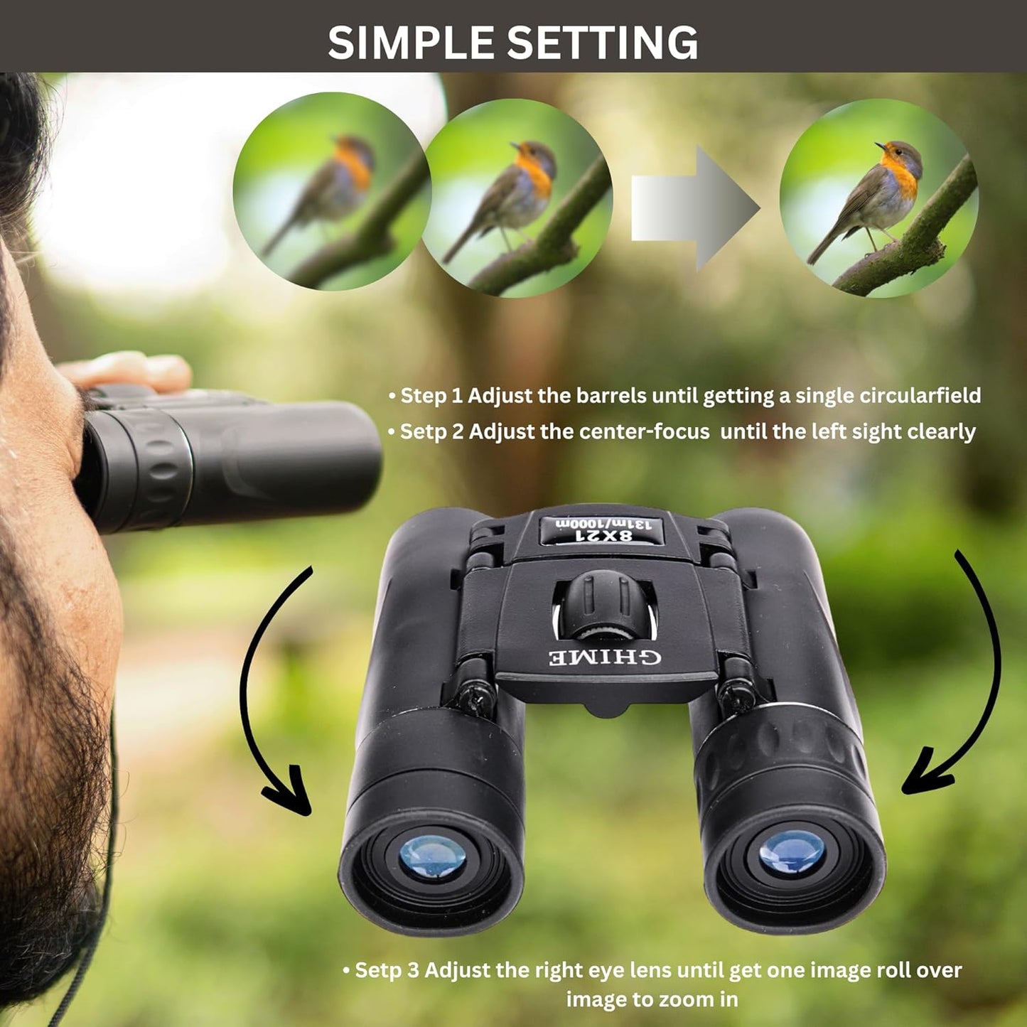 Ghime Binoculars for Long Distance 8x21 Compact Binocular Small Clear View, Easy Focus Lightweight Portable Binoculars for Bird Watching, Travel, Concert